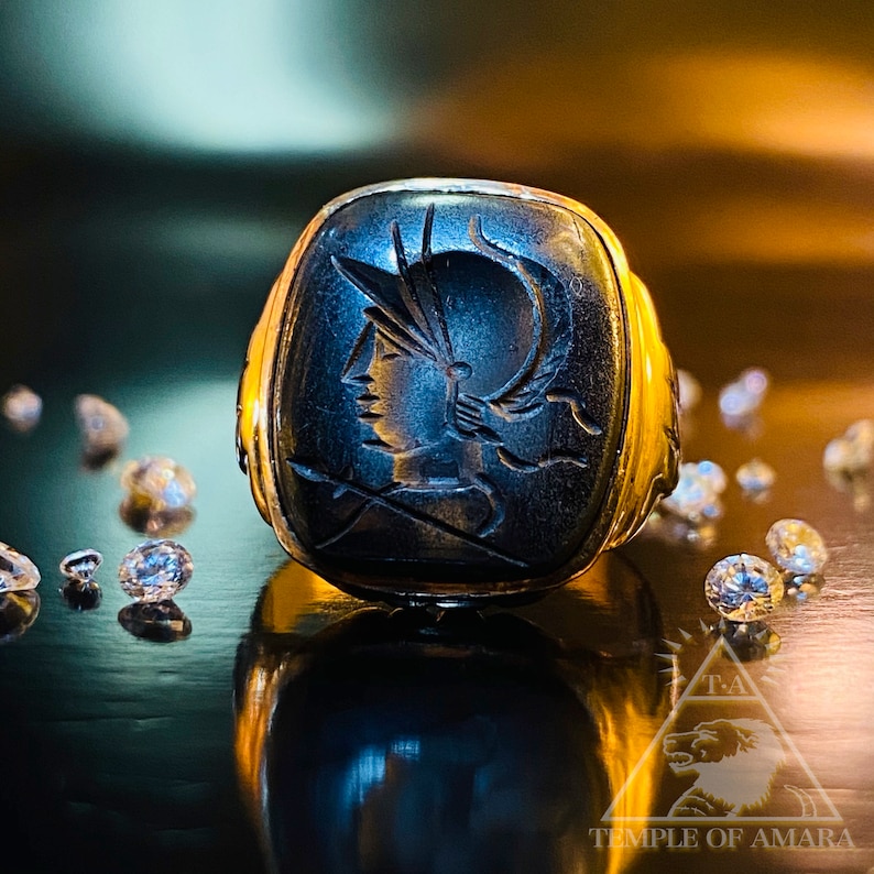 Intaglio Ring 10k Gold Hematite Ring Gold Roman Soldier Ring Ancient Design Occult Ring Handmade Hand Carved RIng Wide Mens Ring Cigar Ring