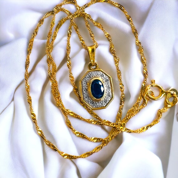 Antique 18k Gold Sapphire Diamond Necklace 16" 1/… - image 3