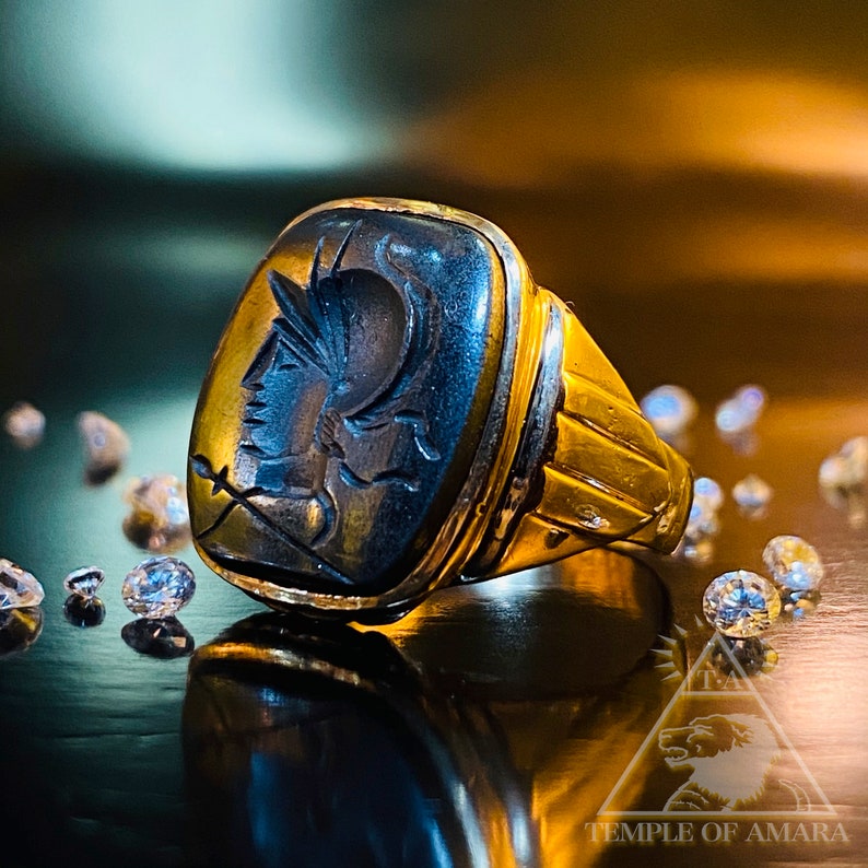 Intaglio Ring 10k Gold Hematite Ring Gold Roman Soldier Ring Ancient Design Occult Ring Handmade Hand Carved RIng Wide Mens Ring Cigar Ring