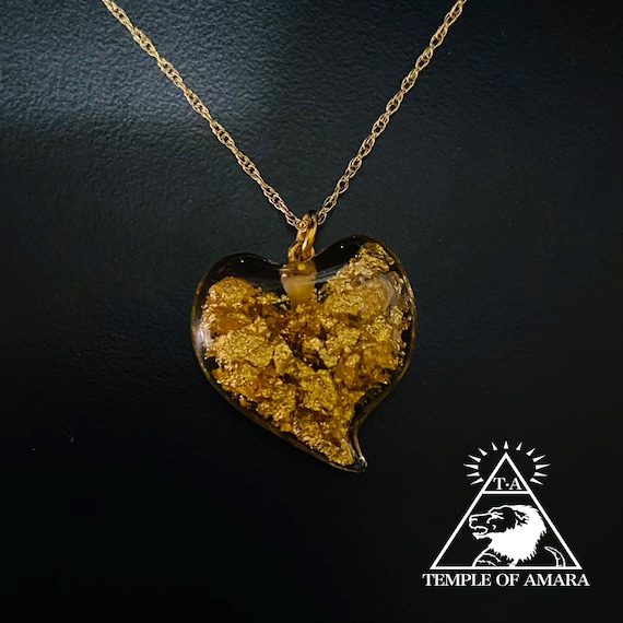 14k Gold Heart Flake Necklace 24k Gold Flakes Soli