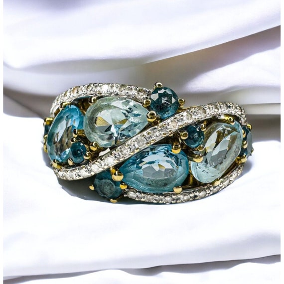 10k Gold Aquamarine Blue Topaz & Diamond Ring Sz … - image 1