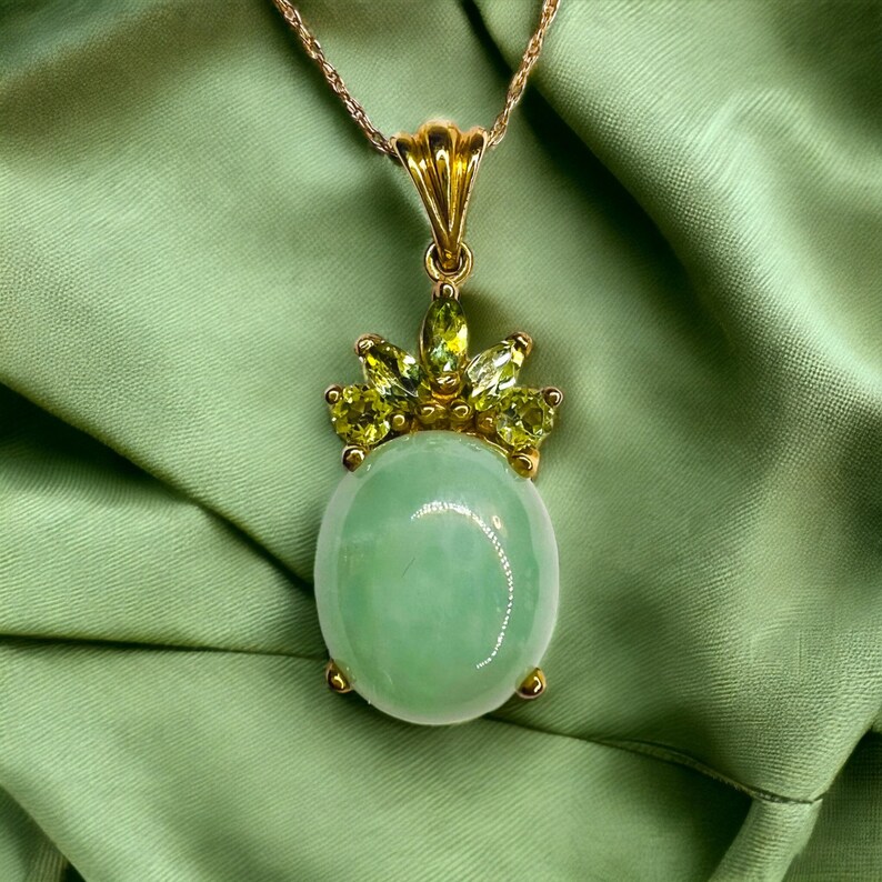 10k Gold Jade & Peridot Necklace 18 Oval Cabochon Natural Jadeite Jade ...