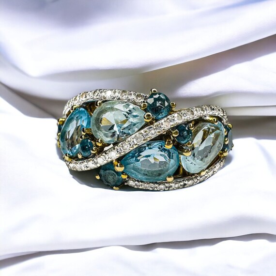 10k Gold Aquamarine Blue Topaz & Diamond Ring Sz … - image 7