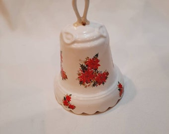 White Ceramic Christmas Bell with Red Poinsettia's Scalloped Edge 6.5" High x 5" Diameter Base