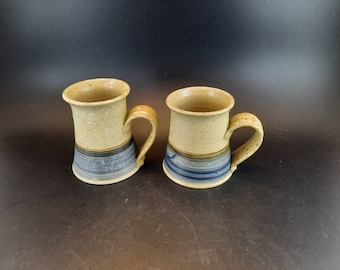 2 Haas Pottery Studio Hand Thrown Blue Beige Mugs Cups with Handles