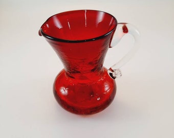 Vtg Red Crackle Glass Pitcher MCM Madmen American Art Glass Handblown Applied Handle 3 3/8" high
