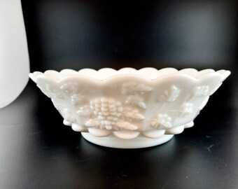 Milkglass pedestal flat fruit bowl farmhouse vintage bowl scalloped