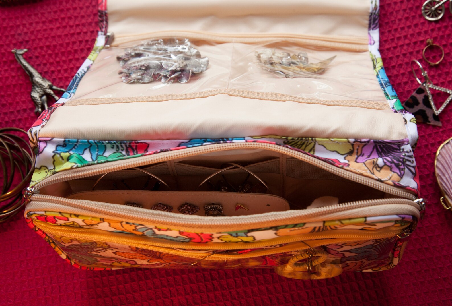 Colourful Floral Print Travel Jewellery Bag, Hanging Jewellery