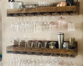 Rustic bar shelf with wine glass rack | Reclaimed wood hanging bottle display | Floating shelf | Stemware Holder | Home Bar Storage