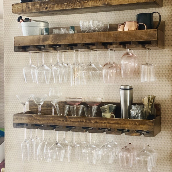 Rustic bar shelf with wine glass rack | Reclaimed wood hanging bottle display | Floating shelf | Stemware Holder | Home Bar Storage