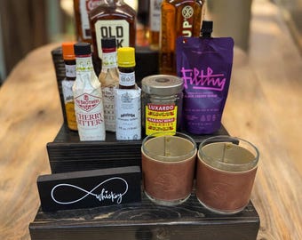 Smoked Cocktail Bar Shelf | Liquor Bottle Display with Storage Drawer | Reclaimed Wood Tiered Bar Shelf | Whiskey Gift | Mixologist Gift