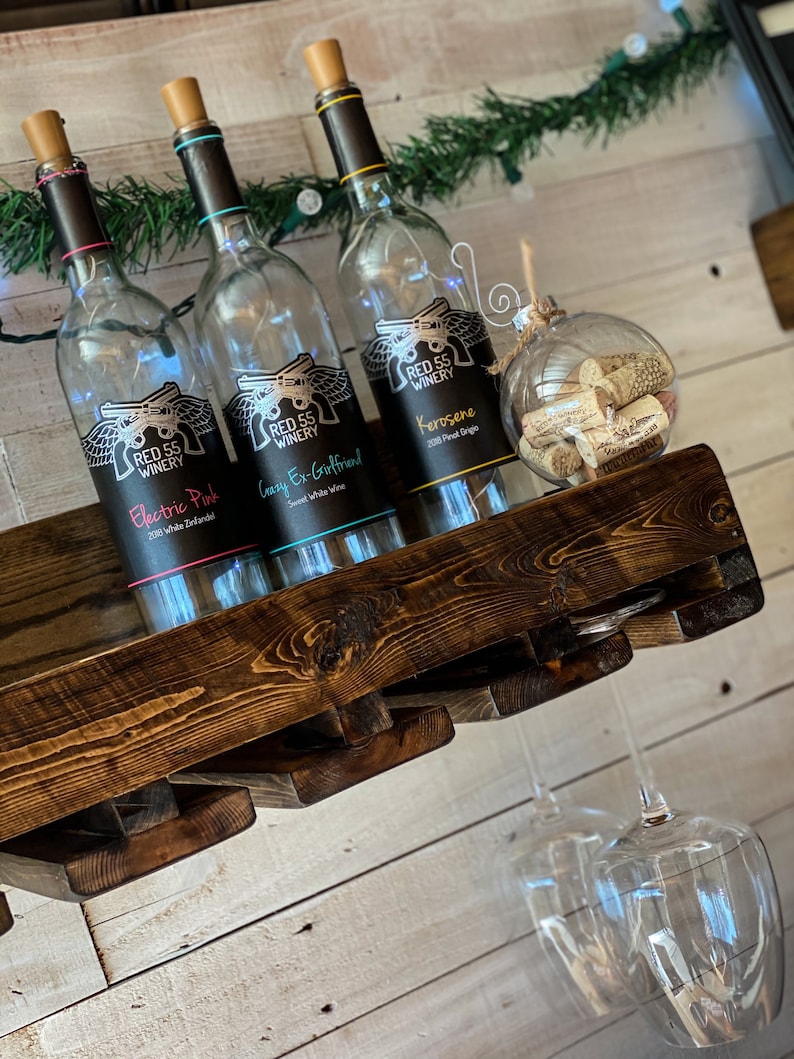 Floating shelf with wine glass rack Reclaimed wood stemware Etsy