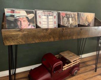 Rustic Vinyl Record Storage Stand | Reclaimed Wood LP Display Cabinet | Record Player Storage Organizer | Front Flip Album Holder