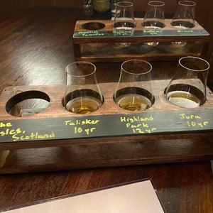 Handcrafted flight crates in red oak finish with chalkboard for easy drink labeling. Shown with Glencairns for whiskey tasting.