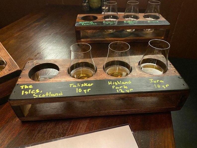 Handcrafted flight crates in red oak finish with chalkboard for easy drink labeling. Shown with Glencairns for whiskey tasting.