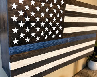Thin Blue Line Flag Liquor Cabinet | Handmade Reclaimed Wood Hidden Bar | American Flag Wall Cabinet | Man Cave Decor |