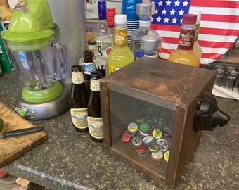 Rustic wood bottle cap bank shadow box bottle opener; Rustic barware; Gift; bottle cap storage; cast iron bottle opener; novelty barware