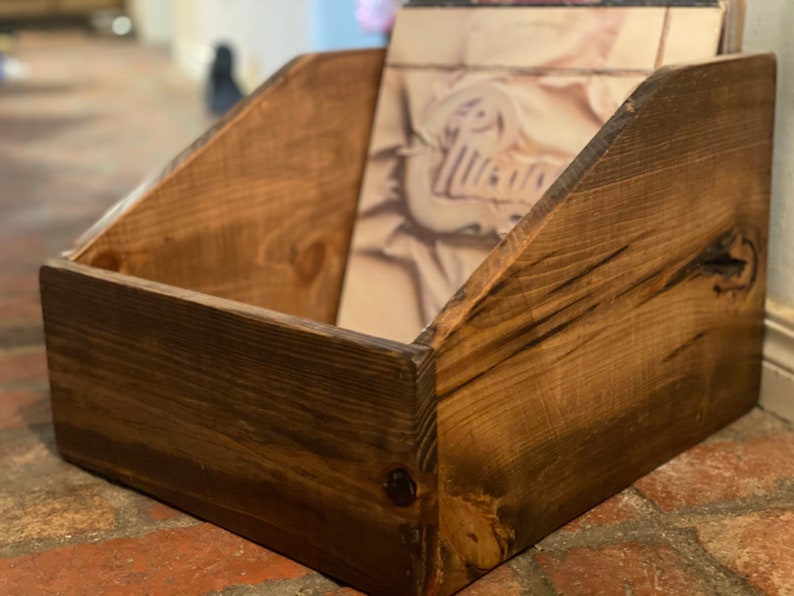 Handcrafted rustic vinyl record storage and display box in special walnut finish