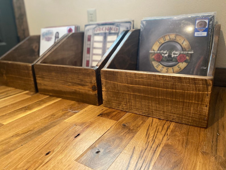Reclaimed wood vinyl record storage crates in special walnut finish