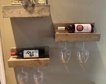 Reclaimed Wood Wine and Glass Rack | Rustic Wine Bottle Holder | Wall Mounted Wine and Stemware Shelf | Hanging Bar Shelf | Wine Lover Gift