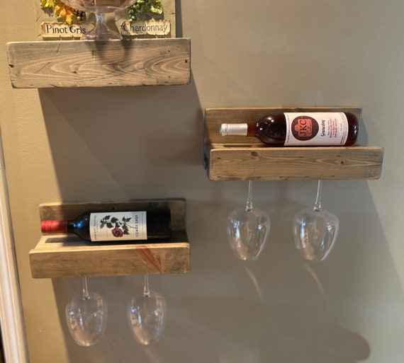 Portabottiglie per vino e bicchieri in legno di recupero / Portabottiglie  di vino rustico / Scaffale per vino
