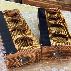 two handcrafted flight crates in ranch (torched wood finish). Flight crates have finger handles on each end for easy pickup and chalkboard for drink labeling.