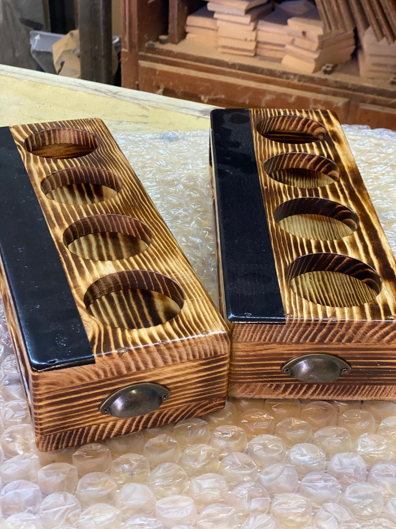 two handcrafted flight crates in ranch (torched wood finish). Flight crates have finger handles on each end for easy pickup and chalkboard for drink labeling.
