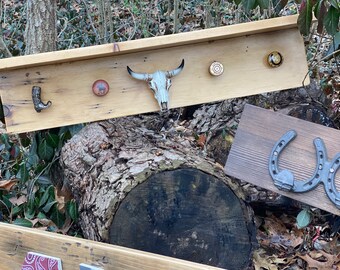 Rustic wood shelf with western ranch knobs; Reclaimed wood coat rack; Cowboy coat rack; Yellowstone Ranch; Western Shelf; Ranch Hat Rack