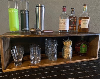 Wood Liquor and Glass Bar Shelf | Reclaimed Wood Bar Storage | Rustic Bottle Display | Bar Glass Holder | Bar Idea | Bar Back Liquor Cabinet
