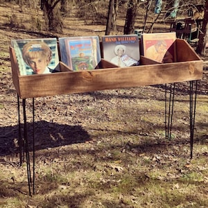 Vinyl Record Storage Stand | Handcrafted Front Flip Record Display Cabinet | Hairpin Legs | RUSTIC LP Collection Crate | Reclaimed Wood