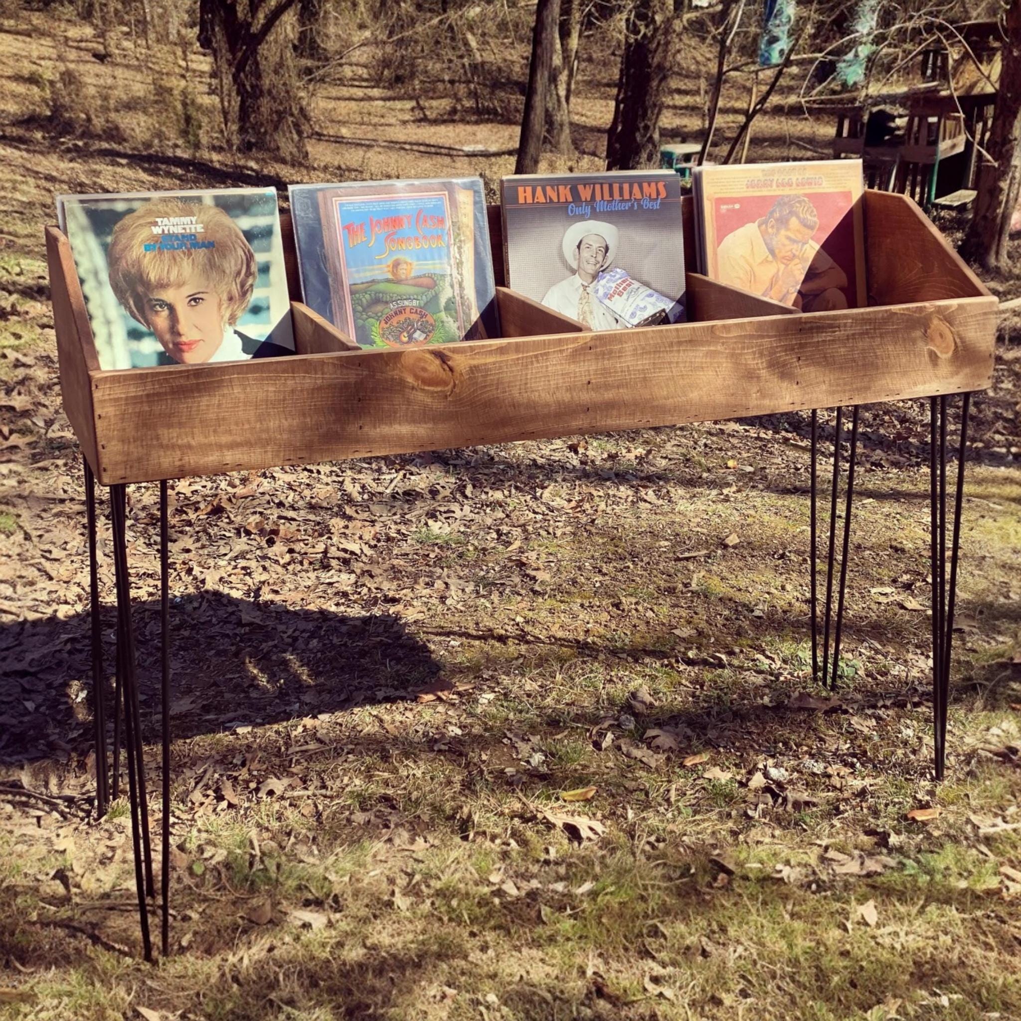 Vinyl Record Storage Stand | Handcrafted Front Flip Record Display Cabinet | Hairpin Legs | RUSTIC LP Collection Crate | Reclaimed Wood