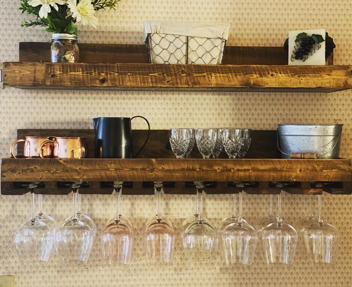 Floating shelf with wine glass rack Reclaimed wood stemware Etsy