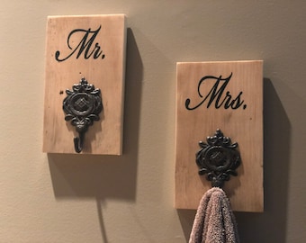 Rustic Mr. and Mrs. Towel / Coat Hook Set