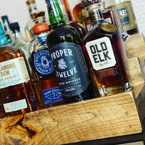 Rustic Bar Shelf | Liquor Bottle Display | Reclaimed Wood Tiered Riser | Whiskey Gift | Wine Gift | Mixologist Gift