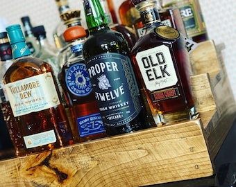 Rustic Bar Shelf | Liquor Bottle Display | Reclaimed Wood Tiered Riser | Whiskey Gift | Wine Gift | Mixologist Gift