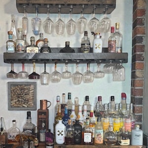 Rustic Wood Bar Shelf with Wine Glass Rack – Wall Mounted Liquor Bottle Display for Home Bar or Kitchen Decor