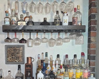 Rustic Wood Bar Shelf with Wine Glass Rack – Wall Mounted Liquor Bottle Display for Home Bar or Kitchen Decor