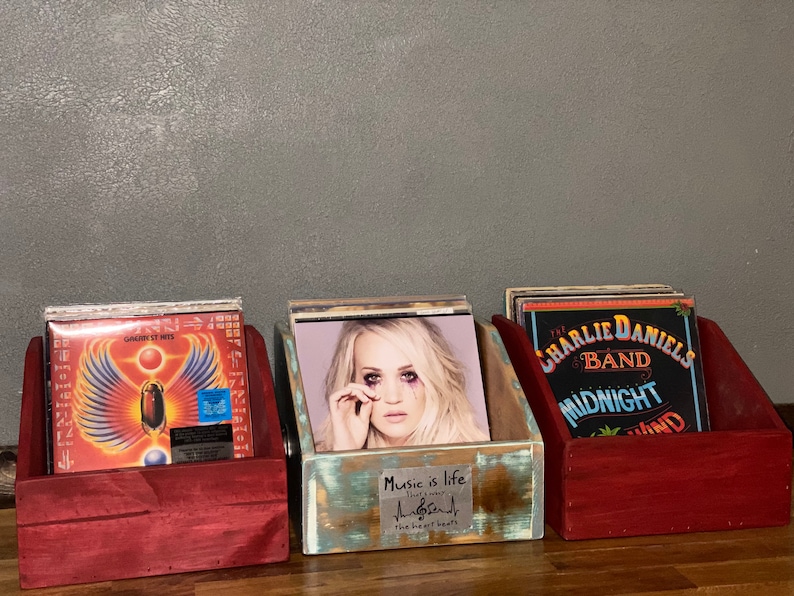 Reclaimed wood vinyl record crates in barn red finish and custom weather washed finish.