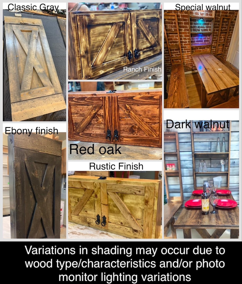 Op de afbeelding: Een collage met verschillende houtkleuren voor een kastdeur. De afwerkingen omvatten Classic Grey, Ebony, Ranch, Red Oak, Special Walnut en Dark Walnut. De bijschrift onder de collage luidt "Variaties in schaduw kunnen voorkomen vanwege het type hout/kenmerken en/of fotomonitorverlichtingsvariaties."