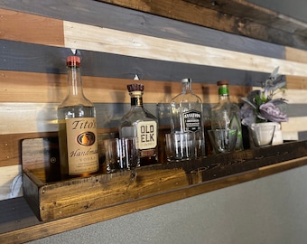 Reclaimed Wood Bar Shelf | 8” Deep Bottle Display | Handcrafted Farmhouse Kitchen Decor | Rustic Bar Storage | Floating Bourbon Shelf