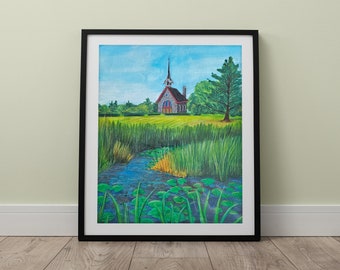 Original Watercolor - - Grand-Pré - - on paper - - (Ink, Painting, Art, Memorial Church, Historic Site, Nova Scotia)