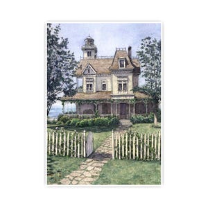 May include: A watercolour painting of a two-storey house with a central tower, a wrap-around porch, and a shingled roof. A white picket fence encloses the front garden, which features a stone path leading to the entrance, surrounded by green trees.