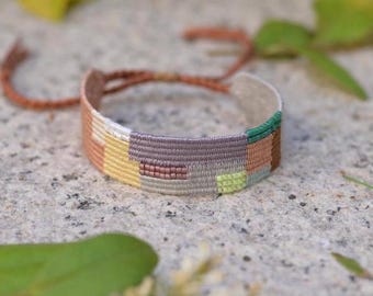 Handwoven Silk Bracelet: Boho Fiber Art, Loom Woven with Miyuki Beads