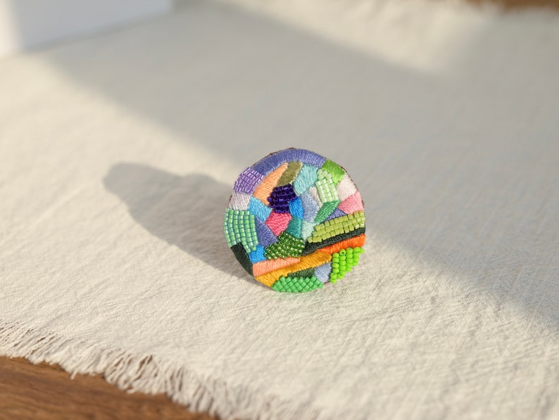 Beaded Embroidered Brooch,Hand Embroidered Brooch,Geometric Brooch,Beaded Brooch,Textile Art Jewlery.Textile pin image 7