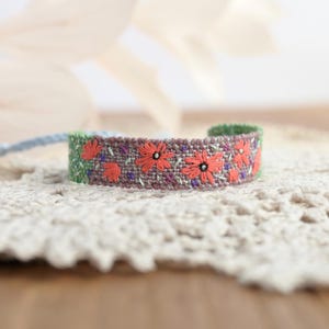 Floral Embroidered Bracelet,Loom Bracelet,Adjustable Boho Wristband,Gift for her,Handwoven Bracelet,One of a kind