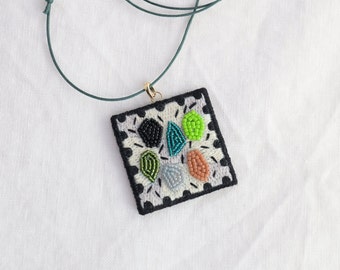 Hand embroidered necklace with abstract pendant,Textile Art Jewelry,Glass bead Necklace,Gift for her,Abstract art statement necklace