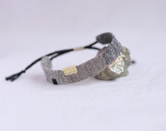 Handwoven Linen Bracelet: Boho Fiber Art, Loom Woven with Miyuki Beads