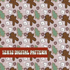 Gingerbread man digitale patronen, naadloos patroon, kerst digitaal papier, kerst png, stoffenpatroon, marshmallow sneeuwpop
