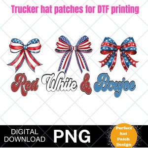 May include: Three digital downloads of red, white and blue bow designs with the text "Red White & Boyjee" in a retro font. Ideal for trucker hat patches.