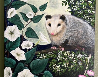 Opossum & Full Moon Original 16" x 20" Painting: "Possum in the Blossoms"